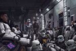  6+boys black_hair black_hat black_jacket black_pants book dark-skinned_male dark_skin edouard_groult hat helmet holding holding_book indoors jacket lying multiple_boys on_back pants short_hair sitting standing star_wars stormtrooper unworn_headwear unworn_helmet 