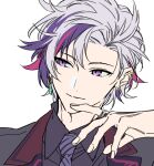  1boy collar collared_shirt curtained_hair diagonal-striped_clothes diagonal-striped_necktie ear_piercing earrings fuwa_minato fuwa_minato_(2nd_costume) grey_hair hand_on_own_chin jacket jewelry light_smile looking_to_the_side multicolored_hair necktie nijisanji piercing pink_hair portrait purple_eyes purple_hair purple_jacket purple_shirt ring shirt simple_background striped_clothes upper_body virtual_youtuber white_background xia_(ryugo) 