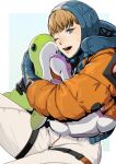  1girl apex_legends blonde_hair blue_gloves blue_headwear bodysuit eyebrows_behind_hair gloves hitsuji_kusa holding holding_stuffed_toy hood hooded_jacket jacket lichtenberg_figure nessie_(respawn) object_hug one_eye_closed open_mouth orange_jacket scar scar_on_cheek scar_on_face sitting smile solo stuffed_toy thigh_strap wattson_(apex_legends) white_bodysuit 