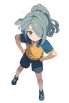  1boy blue_hair blue_shorts brown_eyes closed_mouth collared_shirt ebi_(shrimp_eleven) full_body hair_over_one_eye hands_on_own_hips highres inazuma_eleven inazuma_eleven_(series) kazemaru_ichirouta long_hair looking_to_the_side male_focus multicolored_shirt one_eye_covered ponytail shirt shoelaces shoes short_sleeves shorts sideways_glance simple_background smile sneakers soccer_uniform socks solo sportswear white_background white_socks wing_collar 