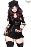  1girl black_legwear blue_eyes bracelet breasts brown_hair choker cleavage curly_hair dorothea_arnault earrings fire_emblem fire_emblem:_three_houses hat jewelry mina_cream thighhighs 