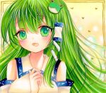  1girl bangs bare_shoulders blush breasts commentary_request danmaku detached_sleeves eyebrows_visible_through_hair eyes_visible_through_hair framed_image frog_hair_ornament gradient gradient_background green_eyes green_hair hair_between_eyes hair_ornament hair_tubes hand_up heart highres kochiya_sanae large_breasts long_hair long_sleeves looking_at_viewer marker_(medium) open_mouth shirt smile snake_hair_ornament solo tongue touhou traditional_media white_shirt wide_sleeves yellow_background yuuki_hana_(jtnp5334) 