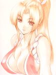  1girl artist_request bangs bare_shoulders breasts brown_eyes brown_hair cleavage collarbone commentary_request eyebrows_visible_through_hair fatal_fury hair_ornament head_tilt highres large_breasts lips long_hair parted_bangs parted_lips ponytail rope shiranui_mai simple_background sleeveless smile snk solo the_king_of_fighters upper_body 