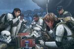  5boys at-st black_hair black_hat blonde_hair eating edouard_groult hat helmet multiple_boys outdoors rain short_hair sitting star_wars stormtrooper stormtrooper_helmet unworn_headwear unworn_helmet 