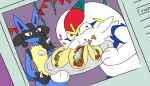  anthro blue_body blue_fur canid canine cinderace duo eating food fur hi_res lagomorph leporid lucario male mammal meme mr_fuwa nintendo photo pok&eacute;mon pok&eacute;mon_(species) rabbit red_eyes taco the_simpsons video_games white_body white_fur yellow_body yellow_fur 