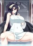  1girl ahoge albedo_(overlord) ass_visible_through_thighs bangs bare_shoulders black_hair black_wings blush breasts collarbone commentary commission curled_horns demon_girl demon_horns english_commentary eyebrows_visible_through_hair foreshortening hair_between_eyes hand_up high_ponytail highres horns indoors large_breasts lindaroze long_hair looking_at_viewer low_wings naked_towel overlord_(maruyama) parted_lips patreon_username shiny shiny_hair sitting soaking_feet solo spread_legs steam thighs towel twitter_username water web_address wings yellow_eyes 