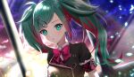  1girl absurdres aqua_eyes bangs black_jacket bow bowtie collared_shirt dutch_angle green_hair hair_ornament hairclip hatsune_miku highres jacket leo/need_(project_sekai) long_hair multicolored_hair open_mouth project_sekai red_bow red_bowtie red_hair safety_pin shirt short_sleeves solo sparkle swept_bangs twintails twitter_username two-tone_hair upper_body watermark white_shirt wing_collar yuuyu_(moco20111115) 