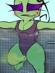  alien alien_humanoid anthro bladder_bulge blush bodily_fluids breasts clothed clothing female genital_fluids green_body green_skin hi_res humanoid illegaleel invader_zim nickelodeon omorashi outside peeing peeing_into_pool simple_background solo swimming_pool swimwear topwear urine water watersports wetting 
