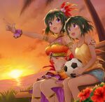  2girls :d armlet ball bangs bench blue_shorts blush cloud collarbone crop_top dutch_angle eyebrows_visible_through_hair feather_hair_ornament feathers flower green_hair hair_between_eyes hair_ornament hibiscus highres holding holding_ball idolmaster idolmaster_cinderella_girls index_finger_raised layered_skirt midriff multiple_girls nail_polish natalia_(idolmaster) navel ocean open_mouth orange_skirt orange_sky palm_tree pink_skirt pleated_skirt pointing purple_eyes q-v_(levia) red_feathers red_flower red_nails shirt short_hair short_shorts shorts sitting skirt sky sleeveless sleeveless_shirt smile soccer_ball stomach sunset tree yellow_shirt 