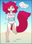  2022 anthro barefoot black_nose breasts clothing dialogue digital_media_(artwork) english_text feet felid hair hi_res lgbt_pride male mammal mewmus on_one_leg open_mouth pride_colors red_hair rose_pantilion simple_background smile solo standing text trans_(lore) trans_woman_(lore) transgender_pride_colors underwear 