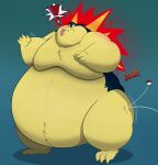  absurd_res anthro belly big_belly blue_hair confusion feral fire hair hi_res male morbidly_obese nintendo obese ogretusks overweight pok&eacute;ball pok&eacute;mon pok&eacute;mon_(species) simple_background solo typhlosion video_games yellow_belly yellow_body 