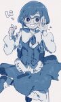  1girl backpack bag commentary_request fukurai_azami glasses highres jumping looking_at_viewer mnmn0406 monochrome open_mouth short_hair sketch skirt smile solo sparkle toshi_densetsu_kaitai_center 