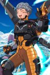  1girl ^_^ apex_legends apmix armor blush boots breastplate closed_eyes cloud flying gloves grey_hair highres in-universe_location jetpack metal_boots olympus_(apex_legends) orange_gloves short_hair sky smile solo thigh_boots thighhighs valkyrie_(apex_legends) 