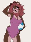  absurd_res anthro articaartes black_nose breasts brown_body brown_fur carly_bear clothing female fur hair hi_res holding_beach_ball looking_up mammal one-piece_swimsuit pink_hair simple_background smile solo swimwear ursid white_background 