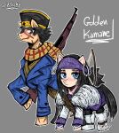  accessory ainu_clothing asirpa black_hair blue_eyes blush boots bow_(weapon) clothing coat duo ear_piercing ear_ring equid equine female feral footwear friendship_is_magic fur golden_kamuy grey_background gun hair hasbro hat headband headgear headwear hi_res hoka horse looking_at_viewer male male/female mammal military_cap my_little_pony piercing pony ranged_weapon rifle rope scar scarf simple_background size_difference sugimoto_saichi topwear weapon white_body white_clothing white_fur 