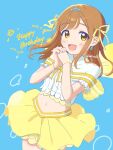  1girl :d aobisuke blue_background blush brown_hair collarbone commentary_request cowboy_shot cropped_shirt cursive dated flower_symbol hair_ribbon happy_birthday highres interlocked_fingers koi_ni_naritai_aquarium kunikida_hanamaru long_hair looking_at_viewer love_live! love_live!_sunshine!! miniskirt navel official_alternate_costume open_mouth own_hands_clasped own_hands_together ribbon shirt skirt smile solo white_shirt yellow_eyes yellow_ribbon yellow_skirt 