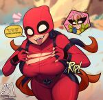  2girls absurdres artist_name black_hair blush bodysuit breasts cosplay deadpool deadpool_(cosplay) english_text green_hair highres kamado_nezuko kanroji_mitsuri kimetsu_no_yaiba large_breasts long_hair marvel multicolored_hair multiple_girls open_mouth orange_hair pink_hair red_bodysuit red_mask semi_draws solo_focus sound_effects speech_bubble teeth tongue tongue_out torn_clothes two-tone_hair upper_teeth_only wolverine_(x-men) wolverine_(x-men)_(cosplay) 