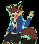  anthro belt bottomwear canid canine clothed clothing fox fully_clothed hi_res hoodie male mammal peace_symbol scootsnb shorts solo topwear 