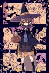  1other 2girls 4boys absurdres alphys annoying_dog black_boots black_capelet blue_sweater boots brown_shorts capelet frisk_(undertale) full_body halloween_costume hat highres holding holding_pumpkin mettaton mettaton_ex multiple_boys multiple_girls napstablook nikorashi-ka papyrus_(undertale) pumpkin purple_stripes sans_(undertale) shorts sweater temmie undertale undyne witch_hat 