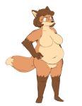  2021 amber_eyes annoyed anthro breasts brown_body brown_fur brown_hair canid canine eyewear eyewear_only female fox fur glasses glasses_only hair hand_on_hip mammal navel nude overweight overweight_female simple_background solo standing subakitsu white_background 