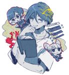  1boy 2girls book chibi double_bun fukurai_azami glasses hair_bun holding holding_book jewelry looking_at_viewer meguriya_ayumu mnmn0406 multiple_girls necklace shirt short_hair smile t-shirt tomarigi_yasumi toshi_densetsu_kaitai_center transparent_background 