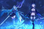  2girls aslaug_(fate) black_horns black_shirt black_shorts black_skirt blue_eyes blue_flower blue_hair boots bow_(weapon) brynhildr_(fate) brynhildr_romantia closed_mouth cloud commentary_request dragon_horns fate/grand_order fate/prototype fate/prototype:_fragments_of_blue_and_silver fate:lost_einherjar fate_(series) floating_hair flower green_neckerchief hair_ornament headpiece highres holding holding_bow_(weapon) holding_polearm holding_weapon horns kashia long_hair midriff mother_and_daughter multiple_girls navel neckerchief night night_sky one_eye_closed outdoors petals polearm purple_eyes sailor_collar sailor_shirt shirt short_shorts shorts signature skirt sky sleeveless sleeveless_shirt smile spear thighhighs very_long_hair weapon white_hair white_sailor_collar 