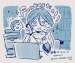  1boy 1girl blue_theme cellphone chibi chibi_inset computer fukurai_azami laptop meguriya_ayumu mnmn0406 monochrome phone sketch smartphone smile toshi_densetsu_kaitai_center wheelchair 