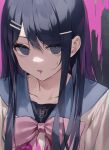  1girl absurdres bangs black_eyes blood blood_from_mouth blood_on_clothes blue_hair blue_sailor_collar bow bowtie collarbone danganronpa:_trigger_happy_havoc danganronpa_(series) eyebrows_visible_through_hair grey_shirt hair_ornament hairclip highres knowa long_hair maizono_sayaka open_mouth pink_blood pink_bow pink_bowtie sailor_collar shiny shiny_hair shirt solo sweat 