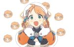  ahoge annette_fantine_dominic ap_bar blue_eyes blush braid cape chibi cleavage_cutout clothing_cutout cowlick dress eyebrows_visible_through_hair fire_emblem fire_emblem:_three_houses gloves hat horns orange_hair ribbon sheep sheep_horns simple_background smile white_dress 