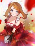  1girl bangs bare_shoulders black_gloves blue_eyes blurry blush breasts brown_hair cleavage commentary_request dress eyelashes from_above gloves highres looking_at_viewer looking_up may_(pokemon) medium_hair official_alternate_costume petals pokemon pokemon_(game) pokemon_masters_ex red_dress setta_shu solo 