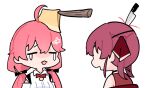  2girls ahoge axe bleeding blood chibi closed_eyes collared_shirt crying facing_another golden_axe_(weapon) hololive houshou_marine knife_in_head low_twintails multiple_girls open_mouth pink_hair red_hair sakana_(saka11205) sakura_miko shirt streaming_tears tears twintails upper_body virtual_youtuber white_background 