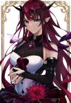  1girl absurdres blue_eyes breasts detached_sleeves detached_wings dress flower heterochromia highres hololive hololive_english horns irys_(hololive) large_breasts long_hair nibiiro_(deep_4242) pointy_ears purple_eyes purple_hair purple_nails smile virtual_youtuber wings 