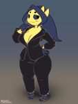  4_eyes anthro black_clothing breasts clothing digital_media_(artwork) female footwear fur hair halcy0n hi_res joltik looking_aside multi_eye nintendo pok&eacute;mon pok&eacute;mon_(species) shoes simple_background smile solo video_games yellow_body yellow_fur 