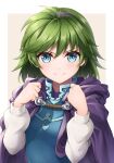 &gt;:) 1girl blue_eyes border brown_background cape closed_mouth fire_emblem fire_emblem:_the_blazing_blade green_hair hairband long_sleeves looking_at_viewer nino_(fire_emblem) purple_cape purple_hairband shirt short_hair simple_background smile solo ten_(tenchan_man) v-shaped_eyebrows white_border white_shirt 