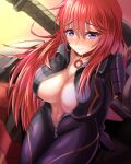  1girl :&gt; bangs biker_clothes blue_eyes blurry blurry_background blush breasts cleavage collar eyebrows_visible_through_hair guardian_tales highres large_breasts long_hair looking_at_viewer movie_star_eugene navel red_hair sitting udon_frozen zipper 