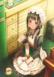  1girl abo_(kawatasyunnnosukesabu) alternate_costume apron black_hair blush cup eating enmaided eyebrows_visible_through_hair green_eyes highres kitchen kneeling long_hair looking_at_viewer maid maid_apron maid_day maid_headdress on_floor open_mouth original seiza sidelocks sitting solo teacup twintails 