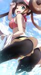  1girl ;d arm_up ass ass_focus bare_shoulders black_legwear blue_eyes blue_sky blush bow bra breasts bright_pupils brown_hair cloud day doughnut_hair_bun from_behind from_below highres legwear_under_shorts long_hair looking_at_viewer looking_back looking_down medium_breasts one_eye_closed open_mouth outdoors pantyhose pink_bow pink_bra pokemon rosa_(pokemon) short_shorts shorts sky smile solo splashing tokumaro twintails underwear very_long_hair wading water white_headwear yellow_shorts 