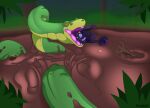 ambiguous_gender anthro black_body black_fur digital_media_(artwork) duo feet_first feral fur green_body jajuka magic_staff male mammal mud open_mouth oral_vore outside plant purple_eyes reptile scalie size_difference snake staff swallowing tacokurt unknown_species vore yellow_eyes