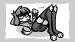 anthro bangs blank_stare bottomwear canid canine canis clothing collar dipstick_tail domestic_dog feet female fifi_(somemf) flat_chested floppy_ears fur grey_bottomwear grey_clothing grey_ears grey_eyelids grey_hair grey_legwear grey_shirt grey_shorts grey_stockings grey_sweater grey_tail_tip grey_topwear hair hi_res hotpants legwear lying mammal markings narrow_hips on_back poodle shirt shorts simple_background slim slim_female snout solo somemf spandex spandex_shorts spats stockings sweater tail tail_markings text thigh_highs thin_calves thin_legs tight_bottomwear tight_clothing tight_shorts toeless toes toony topwear unimpressed white_body white_fur