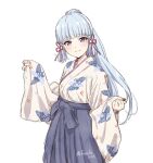  1girl alternate_costume bangs blue_hakama blue_skirt blunt_bangs blush breasts closed_mouth commentary cowboy_shot eyebrows_visible_through_hair flower_knot fuusuke_(fusuke208) genshin_impact hair_ribbon hakama highres japanese_clothes kamisato_ayaka kimono leaf_print light_blue_eyes light_blue_hair long_hair looking_at_viewer mole mole_under_eye ponytail red_ribbon ribbon sidelocks simple_background skirt sleeves_past_wrists small_breasts smile solo standing twitter_username white_background white_kimono wide_sleeves 