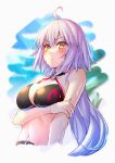  1girl absurdres ahoge bangs bare_shoulders bikini black_bikini blue_sky blush breasts choker cleavage collarbone fate/grand_order fate_(series) grey_hair highres jeanne_d&#039;arc_alter_(fate) jeanne_d&#039;arc_alter_(swimsuit_berserker)_(fate) large_breasts long_hair looking_at_viewer navel o-ring o-ring_bikini sky slope_(check238) solo swimsuit very_long_hair wet yellow_eyes 