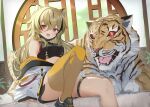  1girl animal animal_ears black_hair blonde_hair breasts chinese_zodiac clothes_down hitachi_sou jacket jacket_partially_removed large_breasts multicolored_hair original red_eyes single_thighhigh sitting sports_bra streaked_hair tail thigh_strap thighhighs tiger tiger_ears tiger_girl tiger_tail year_of_the_tiger yellow_legwear 