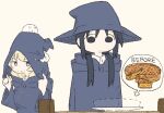  2girls afterimage apple_pie black_eyes black_hair blonde_hair blue_eyes chito_(shoujo_shuumatsu_ryokou) clothes_pin commentary crumbs floating hat multiple_girls nuko_(shoujo_shuumatsu_ryokou) plate shoujo_shuumatsu_ryokou speech_bubble tm_(utfp3372) witch witch_hat yuuri_(shoujo_shuumatsu_ryokou) 