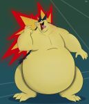  absurd_res anthro belly big_belly blue_hair feral fire hair hi_res male morbidly_obese nintendo obese ogretusks open_mouth overweight pok&eacute;mon pok&eacute;mon_(species) simple_background solo tongue tongue_out typhlosion video_games yellow_belly yellow_body 