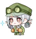  1girl :< artist_request belt belt_bag belt_buckle blush_stickers braid braided_hair_rings bright_pupils brown_eyes buckle cabbie_hat cable chibi cleavage_cutout clenched_hand closed_mouth clothing_cutout coat collared_coat crop_top cropped_legs determined froggy_fashion_(infinity_nikki) frown gloves goggles goggles_on_headwear green-framed_eyewear green_bag green_belt green_coat green_hat grey_hair hair_rings hair_tie hat holding holding_wrench infinity_nikki lapels long_sleeves looking_ahead medium_hair nikki_(series) official_art peaked_lapels round_eyewear rubber_gloves shirt side_braid solo sparkle tareme transparent_background v-shaped_eyebrows white_pupils wrench yellow_gloves yellow_shirt 