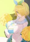  1girl blonde_hair blue_eyes blush bow_hairband chinese_commentary closed_mouth commentary_request girls&#039;_frontline girls&#039;_frontline_2:_exilium grass hair_over_one_eye hairband highres holding holding_pom_poms kneeling large-billed_crow looking_at_viewer mole mole_under_eye nikketa_(girls&#039;_frontline_2) official_alternate_costume outdoors pleated_skirt pom_pom_(cheerleading) short_hair skindentation skirt solo sweatdrop vsk-94_(girls&#039;_frontline) xiujia_yihuizi 